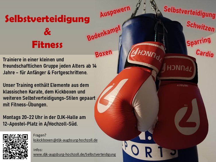 Poster für das Kickbox-Training: Boxhandschuhe, Boxsack mit Infos.